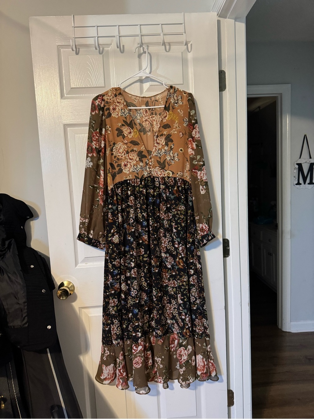 Floral Patchwork Midi Dress in Olive and Mustard